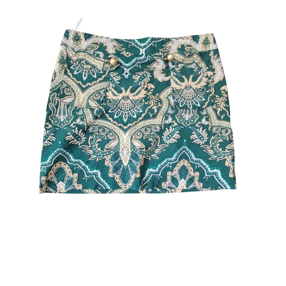 Melly M Green Paisley Mini Skirt Womens Size 6 Gold Button Pockets Made in USA - Picture 2 of 5